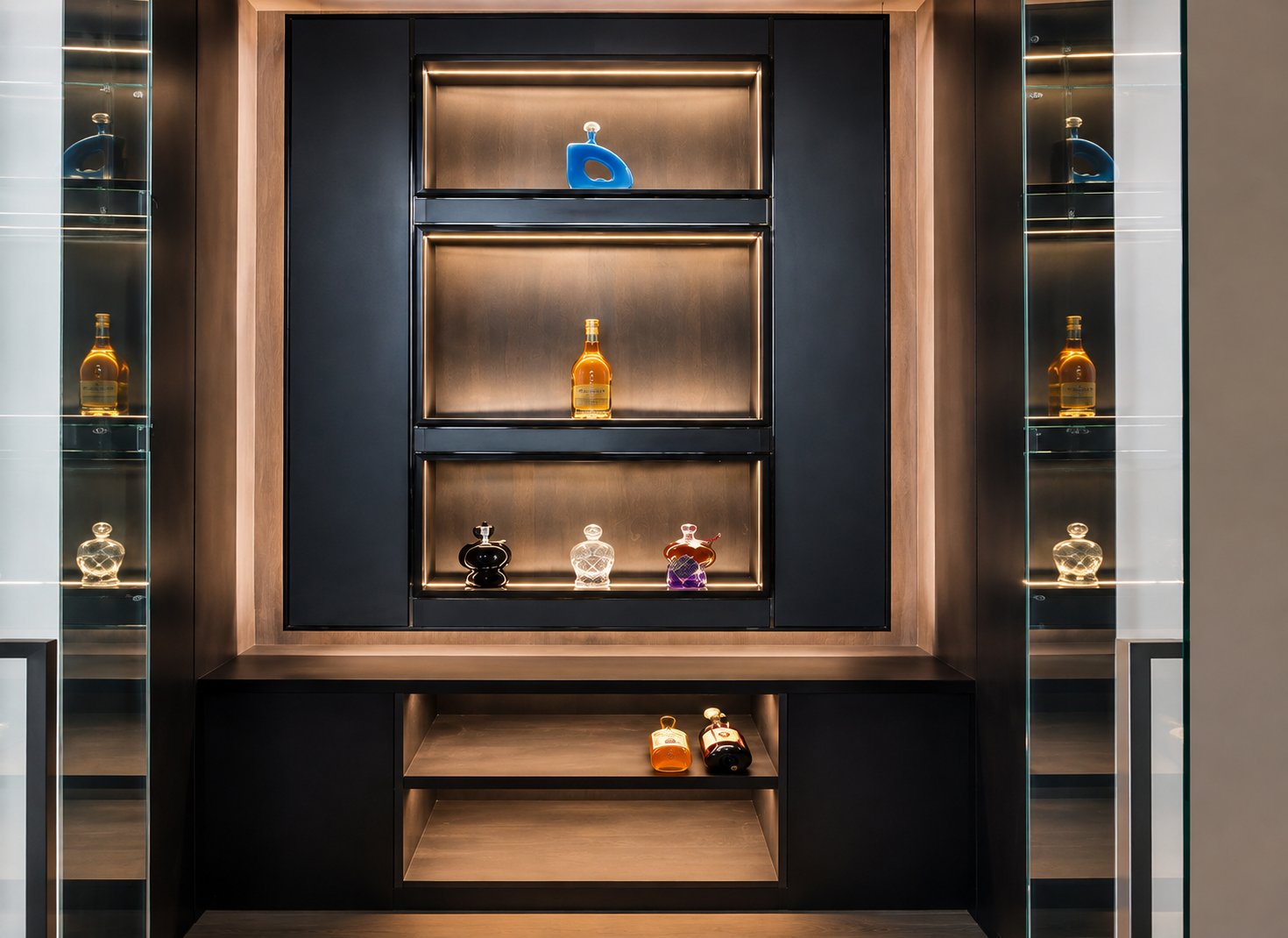 Back-lit mirrored bar niche with glass shelving