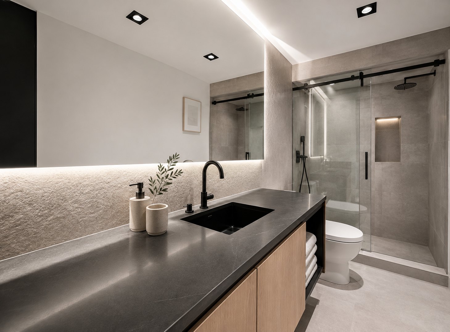 Back-lit custom mirror above a stone vanity